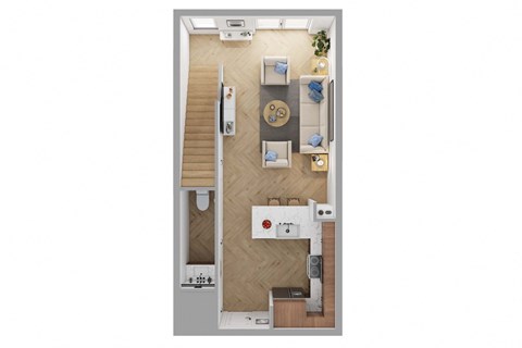 Floor plan for 1 bed, 1.5 baths, 939 sqft